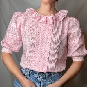 Vintage ruffle neck floral heart print blouse short puff sleeve pink pleated S
